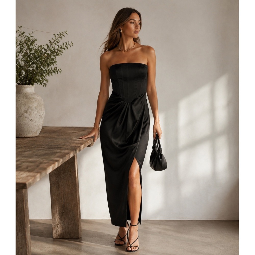 Gianni Bini Daphne Satin Ruched S
Strapless Asymmetrical Hem Sheath Dress Size 6